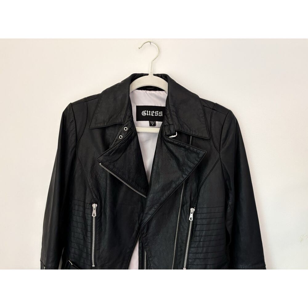 GUESS Vintage 100% Leather Jacket Biker Black Zip Women's Size Small - Picture 3 of 16